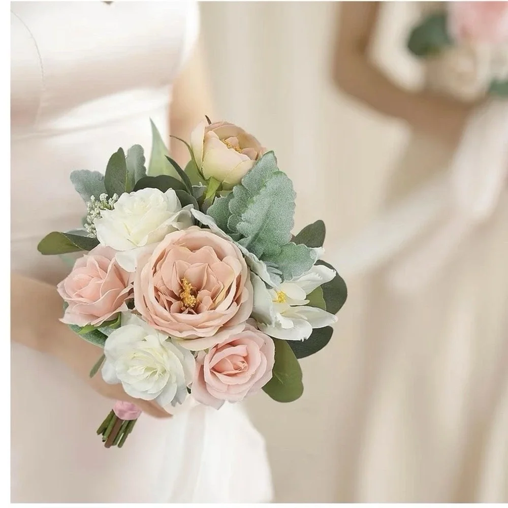 Rinlong 2 Pcs Wedding Bouquets for Bridesmaids Bride Pink Green Artificial